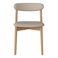 Beige upholstered chair with wooden legs, featuring a minimalist design and smooth, curved contours.