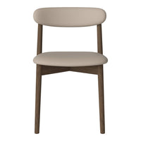 Light beige upholstered seat and backrest with dark brown wooden legs, offering a modern and sleek design.