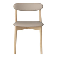 Minimalist chair in soft beige upholstery with natural wooden legs, perfect for modern decor.