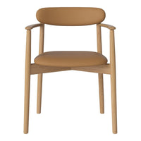 Tan leather chair with smooth, rounded seat and backrest, supported by natural wood legs; minimalistic design.