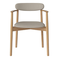 Light beige fabric chair with a natural wood frame, featuring smooth lines and minimalist design.