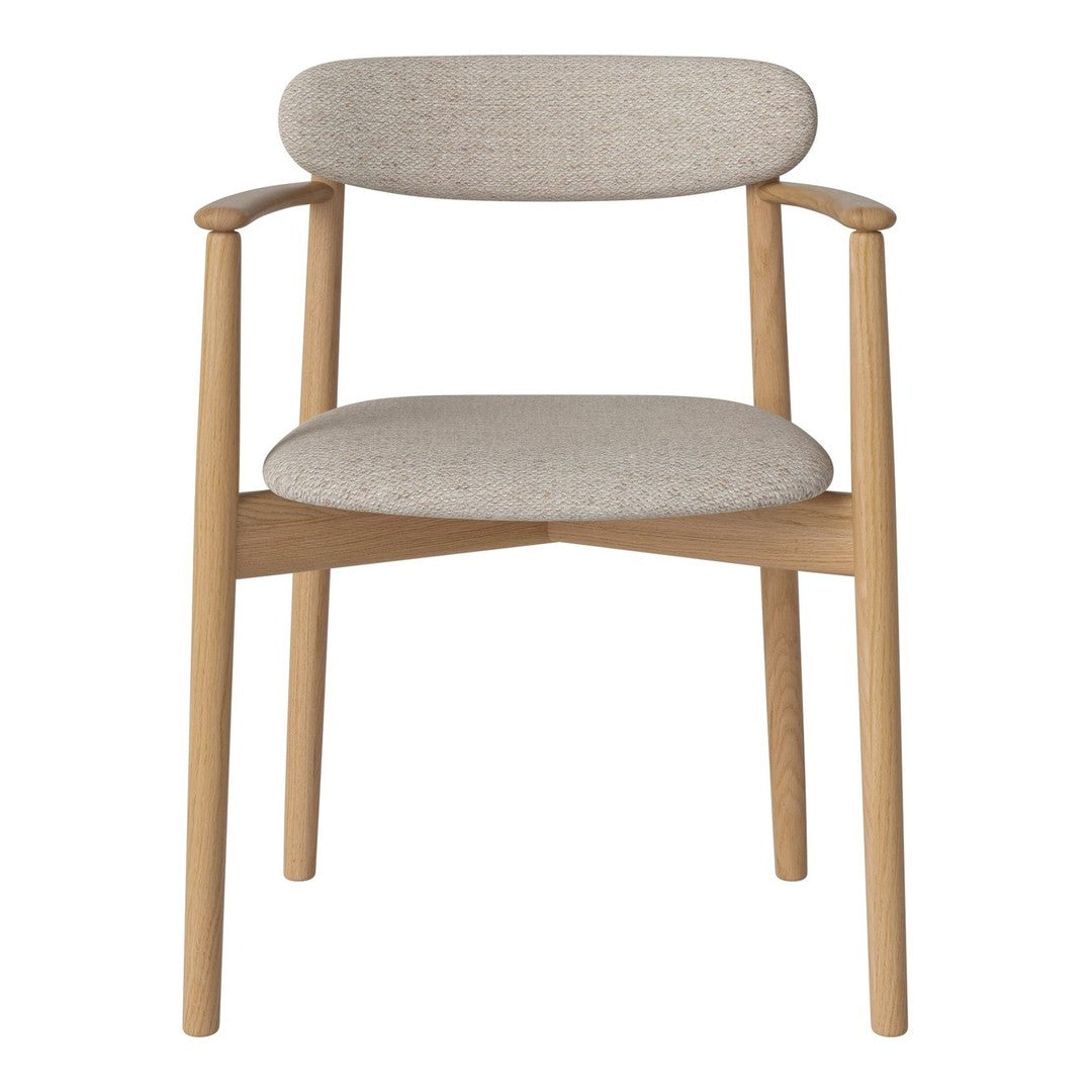 Light beige upholstered chair with a simple, textured fabric and natural wood frame, featuring a minimalist design.