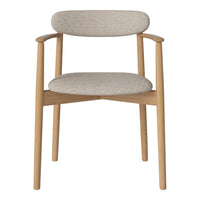 Light beige upholstered chair with a simple, textured fabric and natural wood frame, featuring a minimalist design.