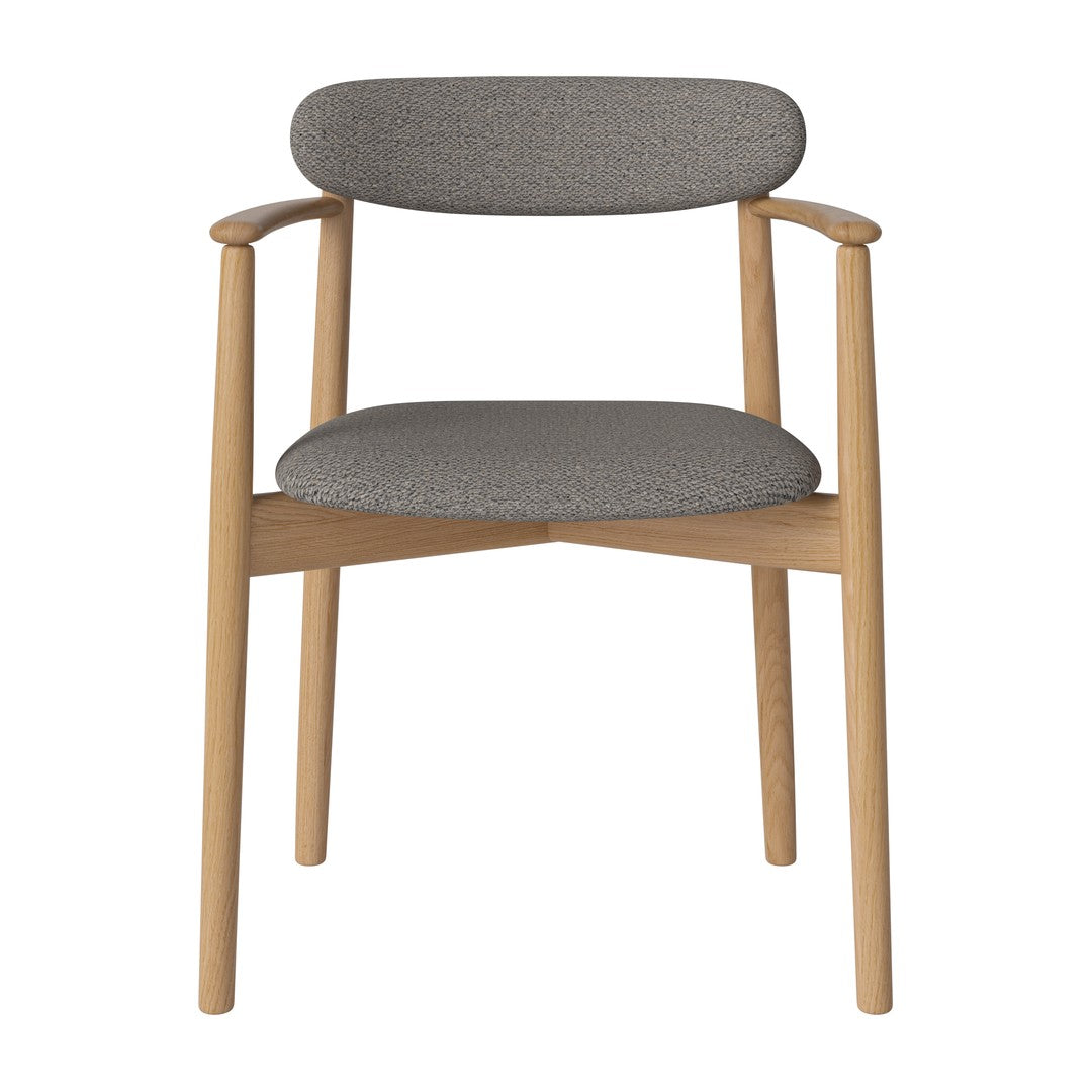 Gray upholstered chair with a simple pattern, complemented by natural wood legs. Modern and stylish design.