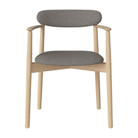 Gray cushioned chair with light wood arms and legs, featuring a simple, modern design.