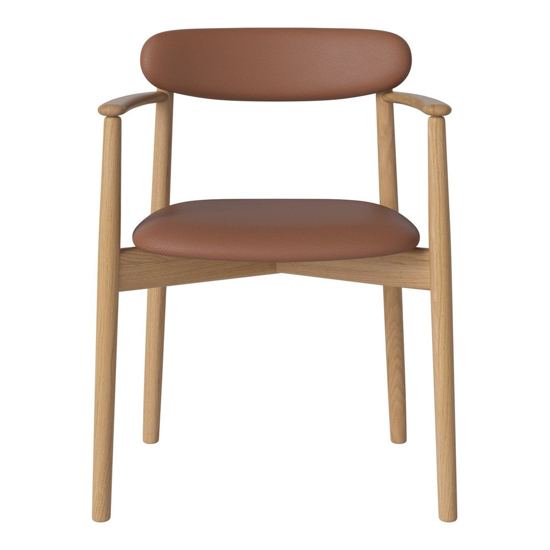 Brown leather seat and backrest with natural wood legs, offering a modern, minimalist design.
