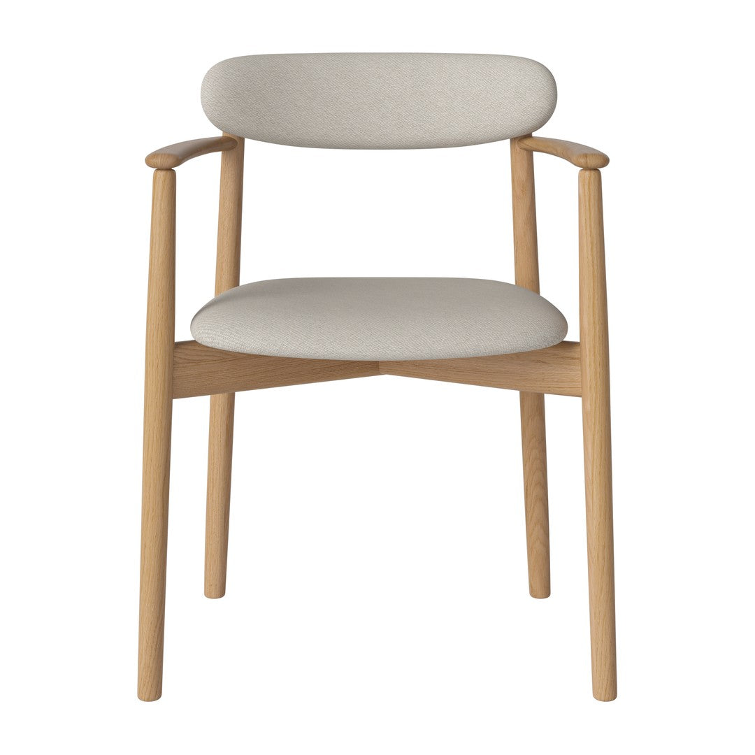 Light beige fabric upholstery with natural wood accents on a minimalist chair design.