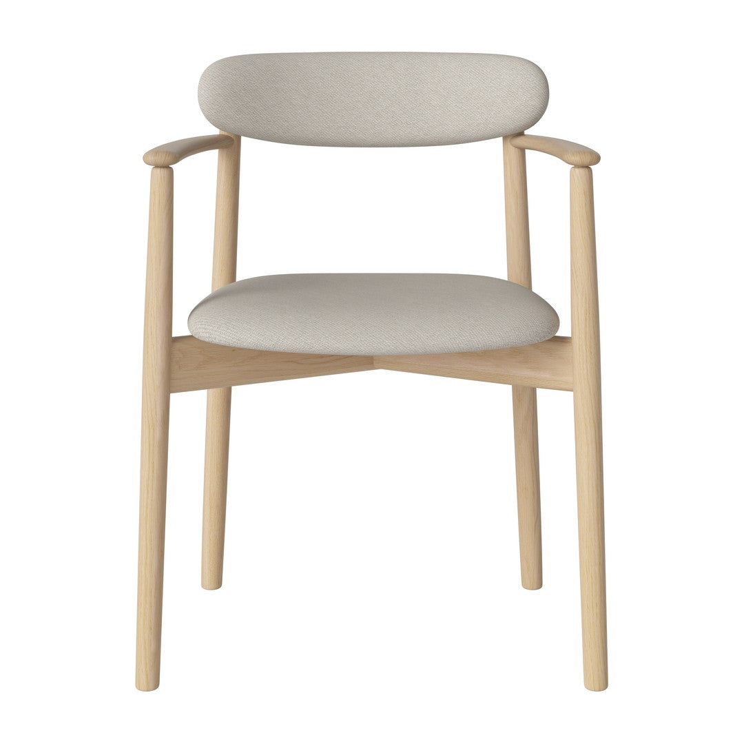 Light beige upholstered chair with a natural wood frame and minimalist design, perfect for modern interiors.