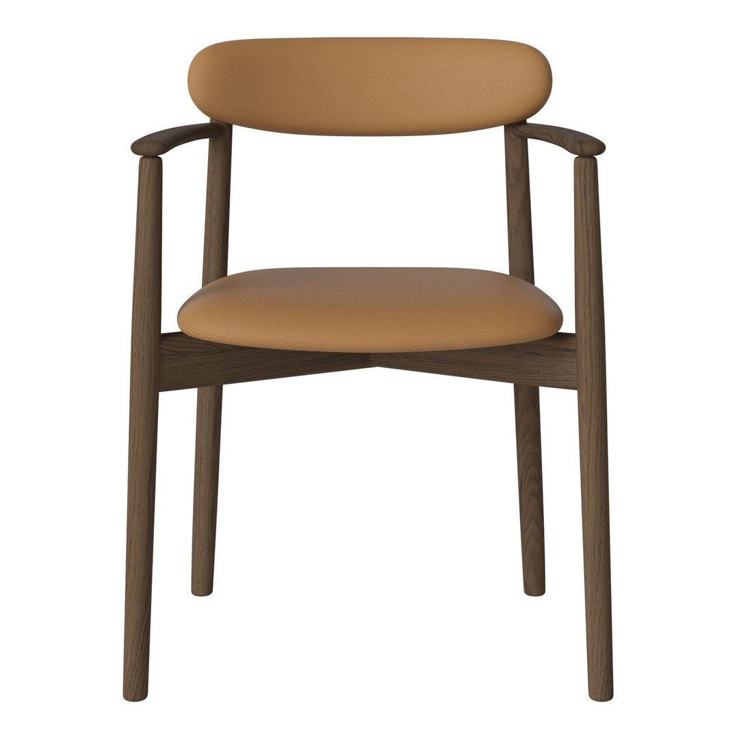Tan upholstered chair with a smooth texture and dark brown wooden frame, featuring minimalist design and clean lines.