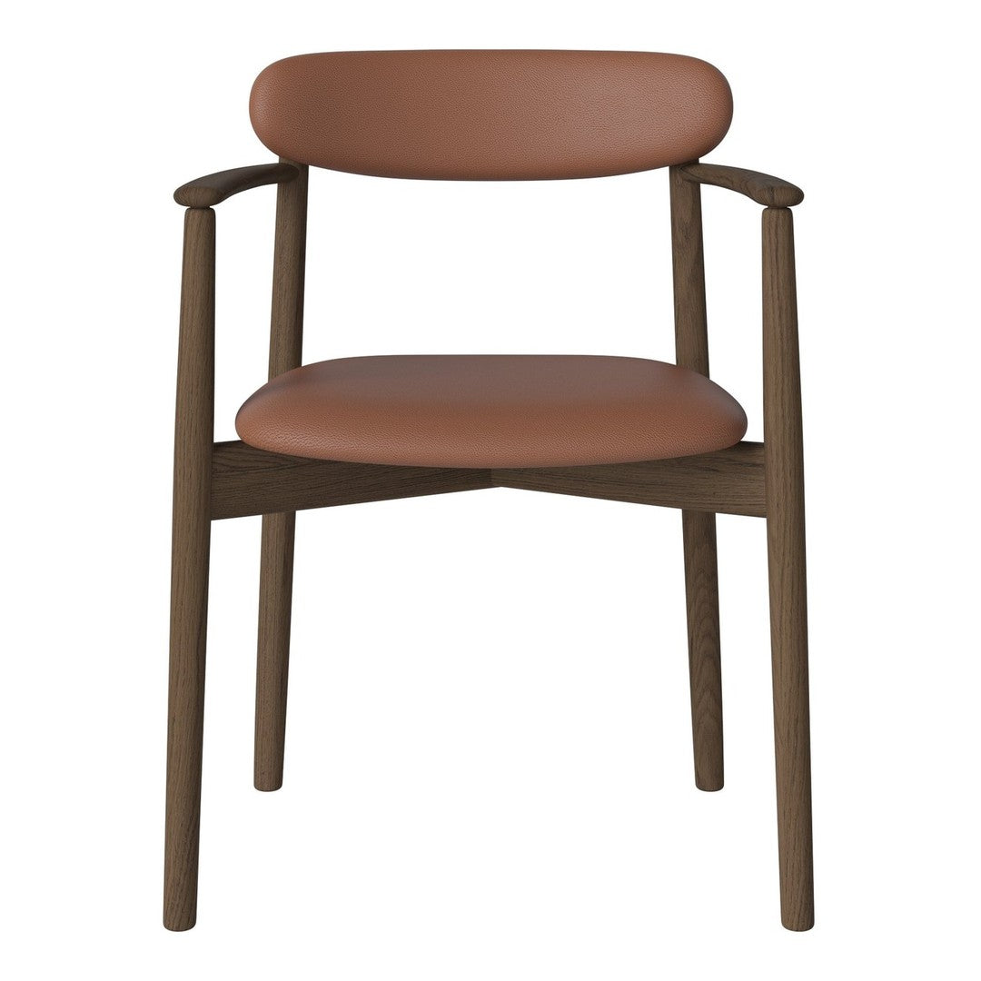 Brown leather seat and backrest with a dark wood frame in a minimalist design.
