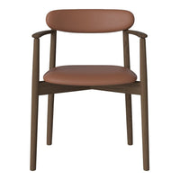 Brown leather seat and backrest with a dark wood frame in a minimalist design.