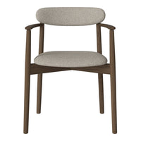 Beige upholstered chair with a smooth fabric surface and dark wooden frame, featuring a minimalist design.