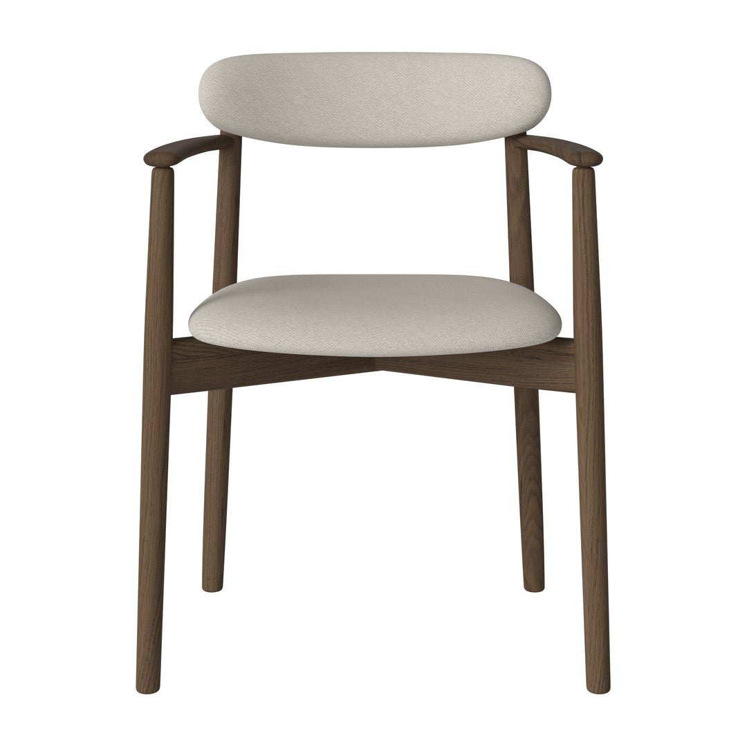 Beige upholstered chair with a minimalist design and dark wood frame, showcasing a modern, neutral color palette.