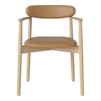 Natural wood chair with a smooth, tan leather seat and minimalist design. Perfect for modern decor.