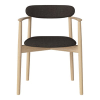 Modern wooden chair with beige frame and dark gray upholstered seat and backrest. Minimalist design highlights clean lines.