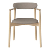 Light gray upholstered chair with simple, neutral-toned wood frame; modern design featuring subtle textures.