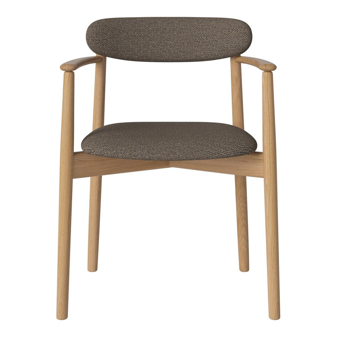 Modern chair with a textured dark gray fabric seat and backrest, complemented by natural wood legs and arms.