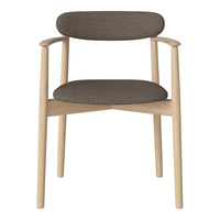 Modern chair featuring a neutral brown fabric and light wooden frame, perfect for minimalist decor.