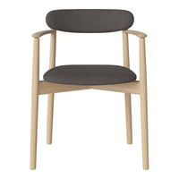 Gray upholstered chair with a natural wood frame and minimalist design. Modern and stylish for any space.