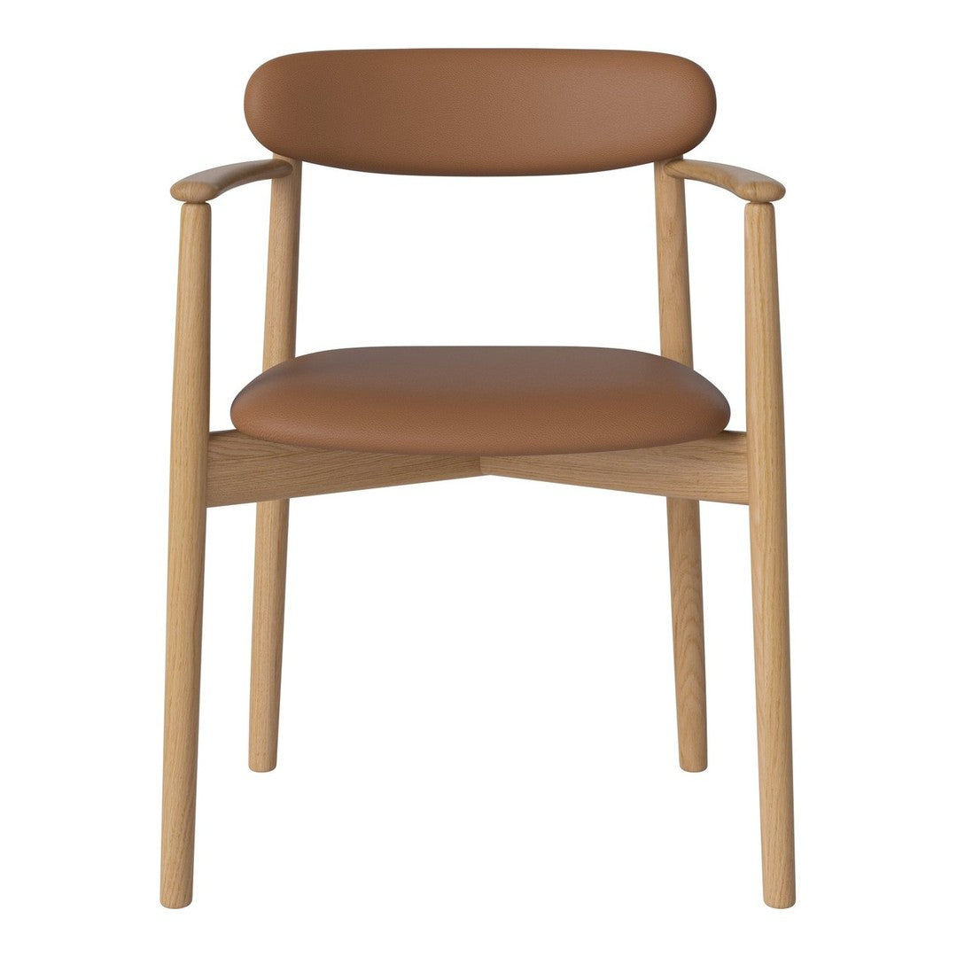 Brown faux leather seat with light wooden frame, minimalist design, and smooth, clean lines. Perfect for modern spaces.