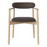 Modern chair with natural wood frame and dark brown upholstered seat and backrest, featuring a minimalist design.