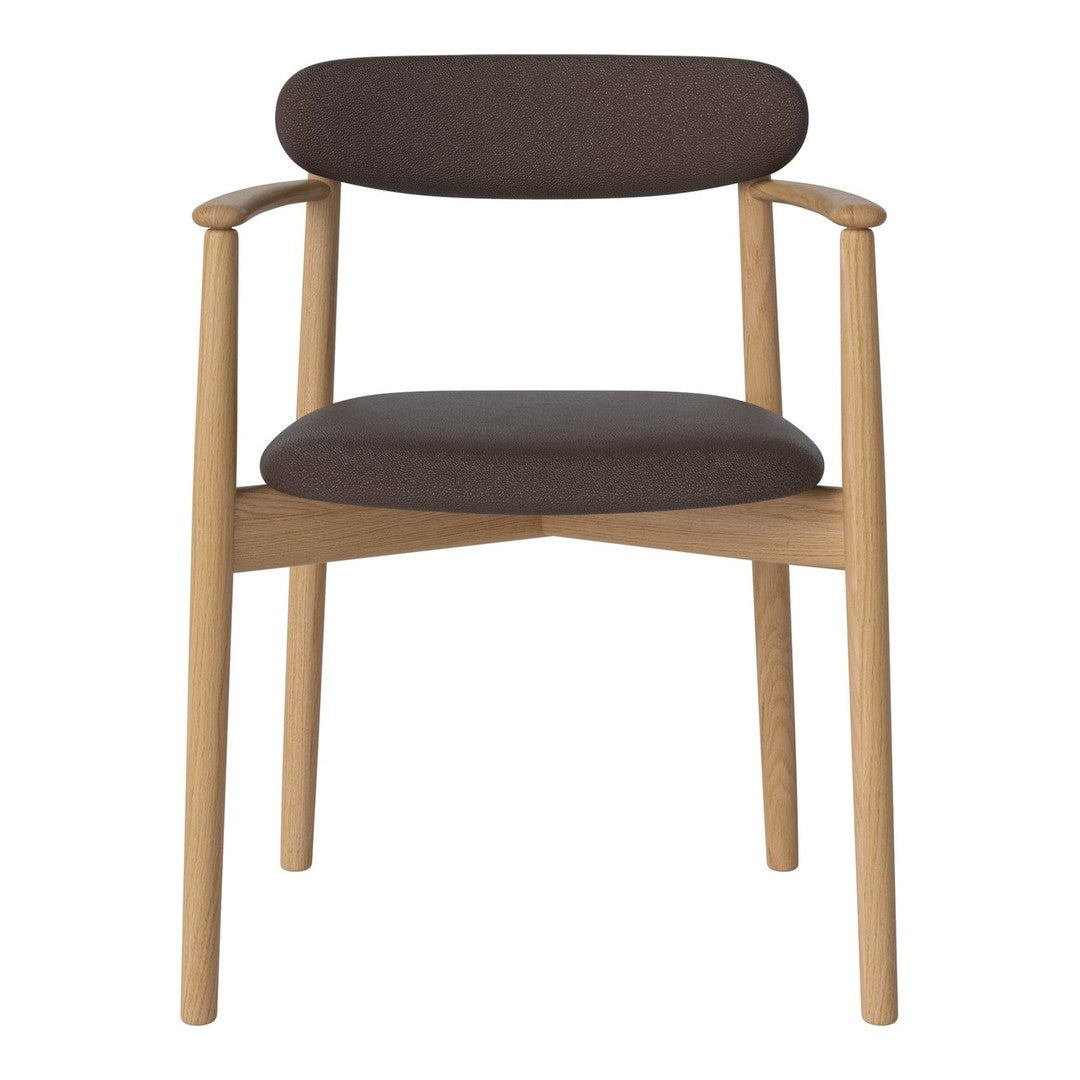 Brown cushioned seat with wooden legs and curved armrests, featuring a minimalist design.