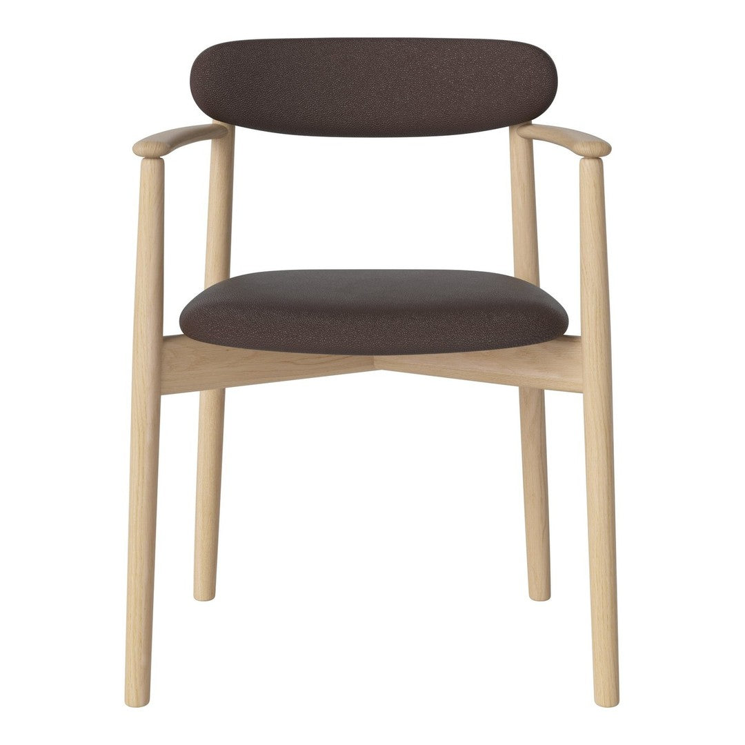 Brown fabric chair with light wood legs. Minimalist design featuring smooth, rounded edges and simple silhouette.