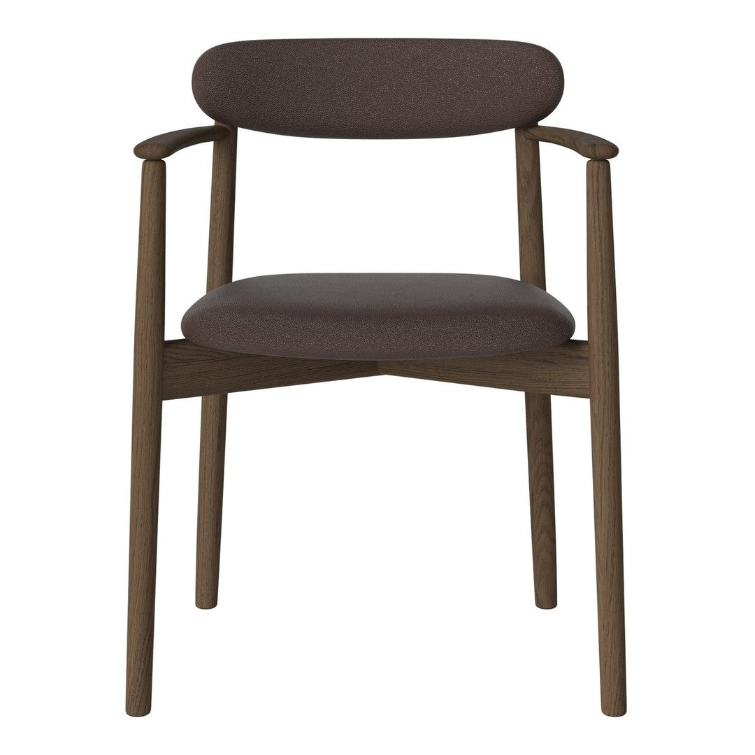 Brown upholstered chair with a smooth fabric finish and wooden frame, featuring minimalist design.