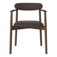 Brown upholstered chair with a smooth fabric finish and wooden frame, featuring minimalist design.