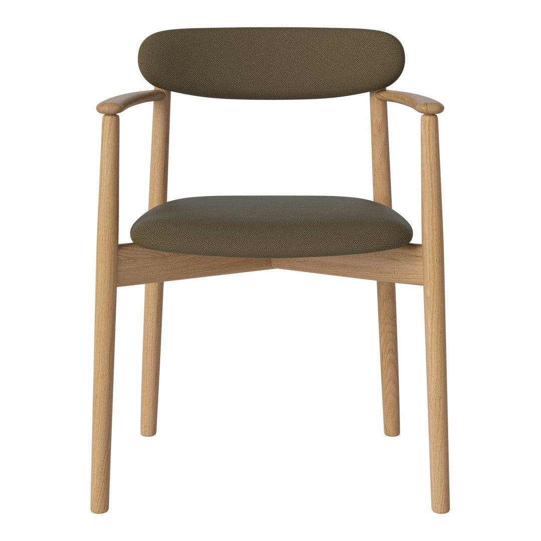 Olive green chair with smooth wood accents and minimalist design. Ideal for modern decor.