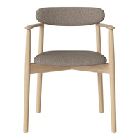 Light wood chair with a textured gray fabric seat and backrest, showcasing a minimalist design. Perfect for modern decor.