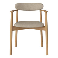 Light beige upholstered chair with a natural wood frame and minimalist design, featuring a simple, elegant pattern.