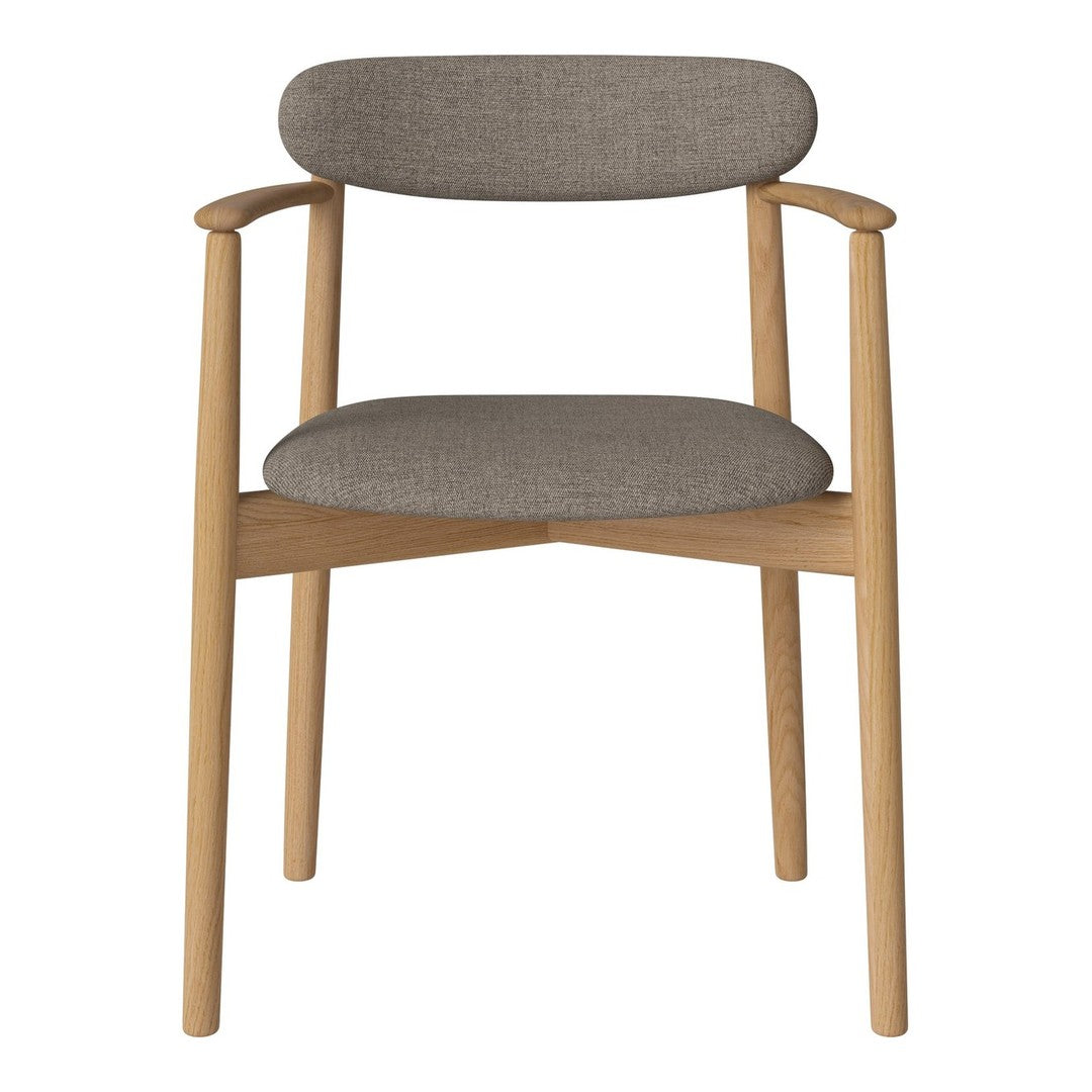 Gray upholstered chair with a clean, modern design and natural wood accents. Perfect for contemporary spaces.