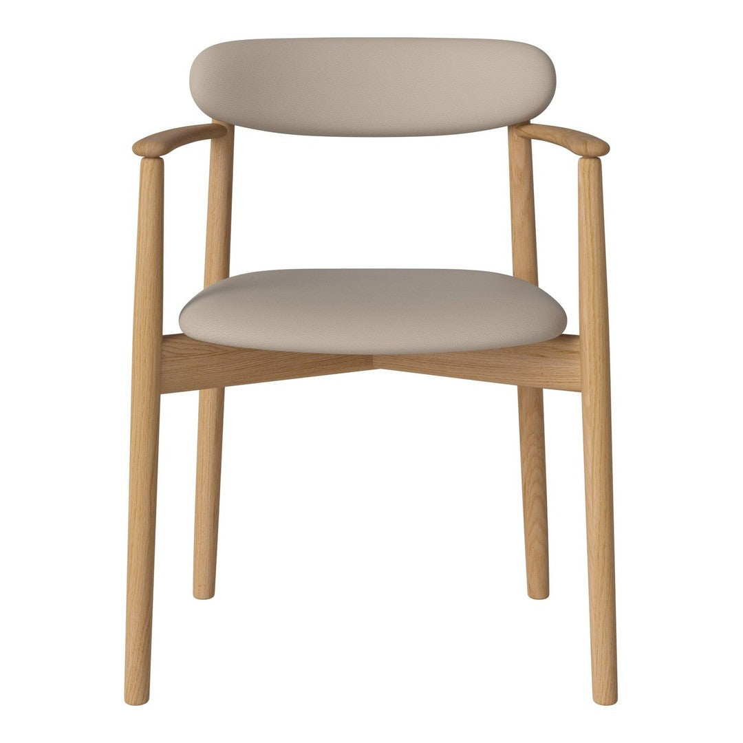 Light beige upholstered chair with natural wood arms and legs, featuring a minimalist design and clean lines.