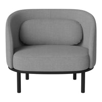 Grey upholstered chair with a modern, rounded design and black metal legs, featuring smooth, minimalistic patterns.