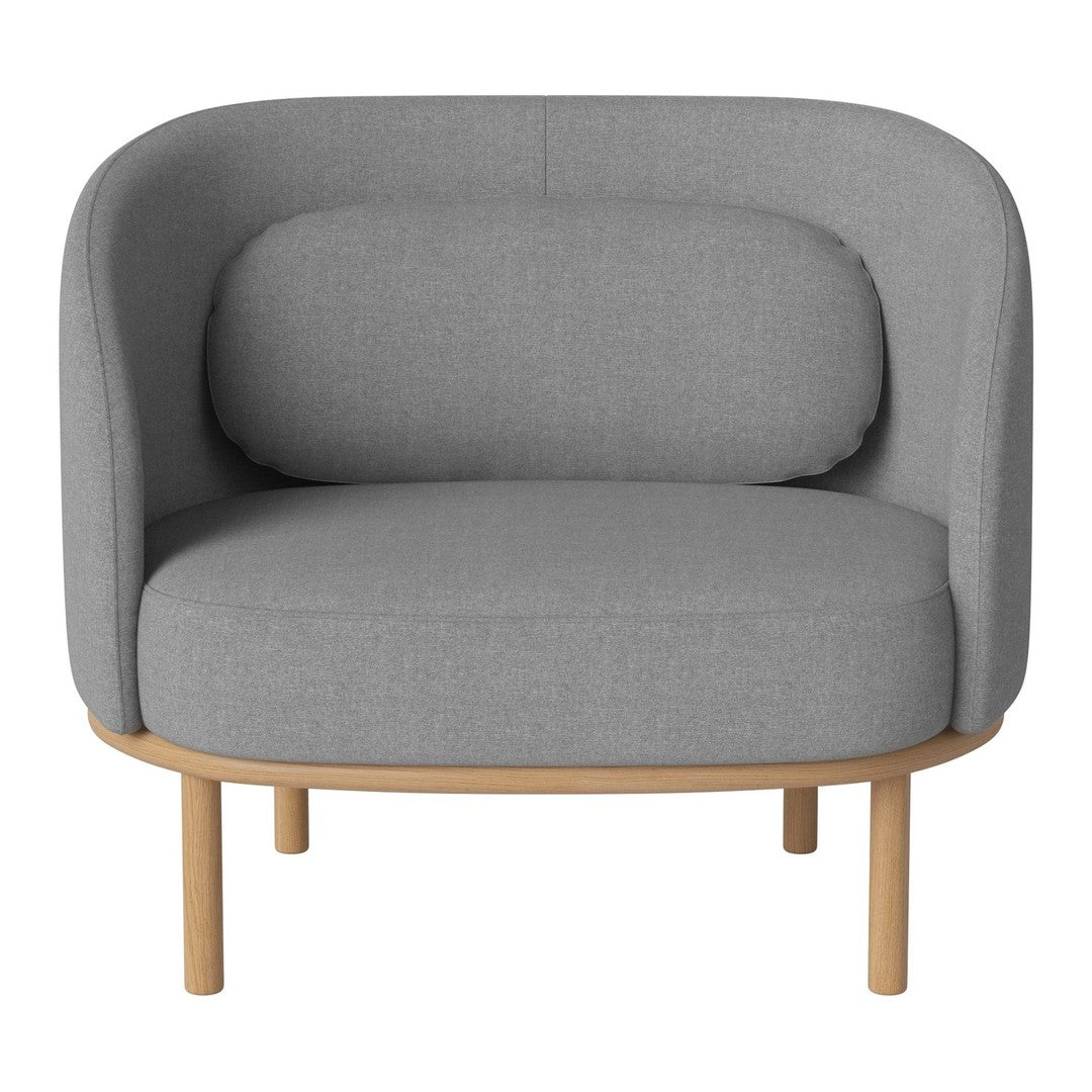Gray upholstered chair with a rounded back and cushion, featuring wooden legs for a modern touch.