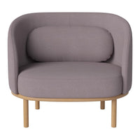 Modern purple armchair with round shape and smooth fabric, featuring light wooden legs for a stylish accent.