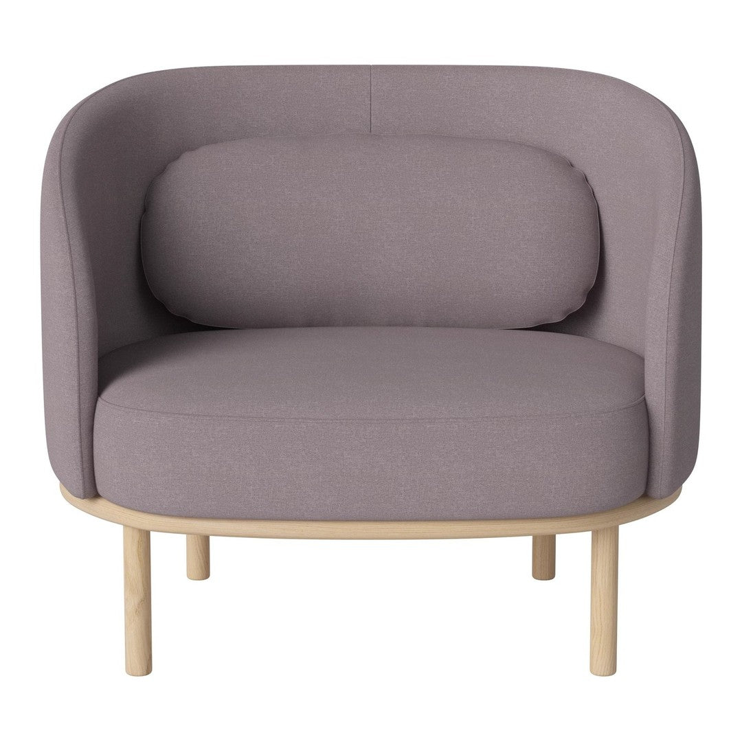 Curved lavender sofa with a minimalist design and light wooden legs. Perfect for modern living spaces.