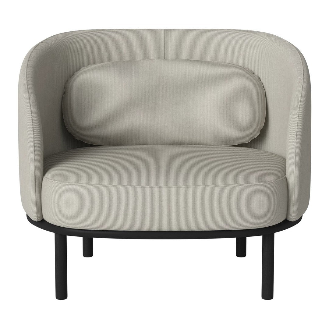 Light grey upholstered chair with a curved backrest and soft cushion, featuring a sleek black metal base.