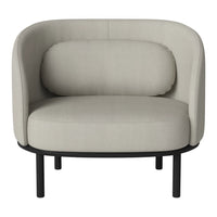 Light grey upholstered chair with a curved backrest and soft cushion, featuring a sleek black metal base.