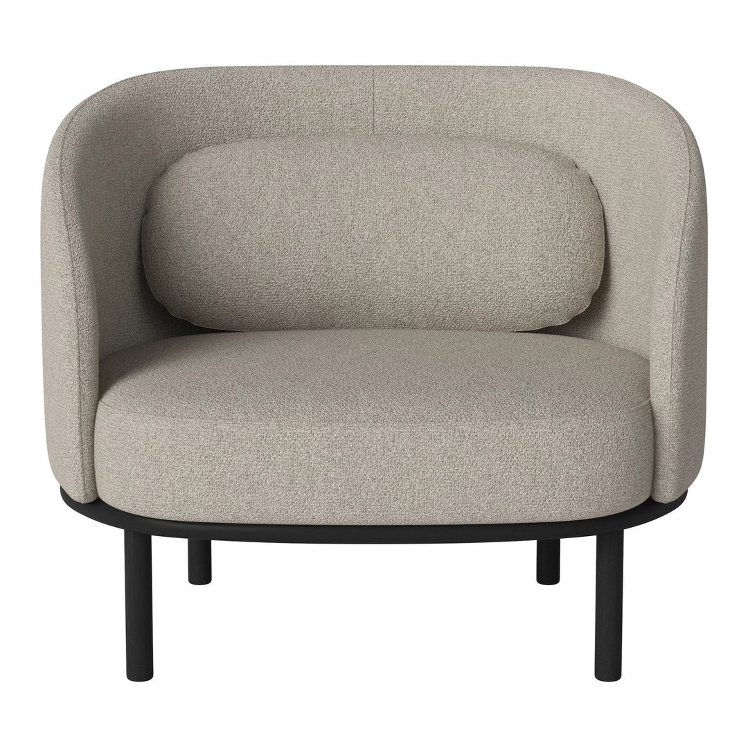 "Light gray fabric armchair with a rounded shape and black metal legs, featuring a subtle texture."