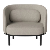 "Light gray fabric armchair with a rounded shape and black metal legs, featuring a subtle texture."