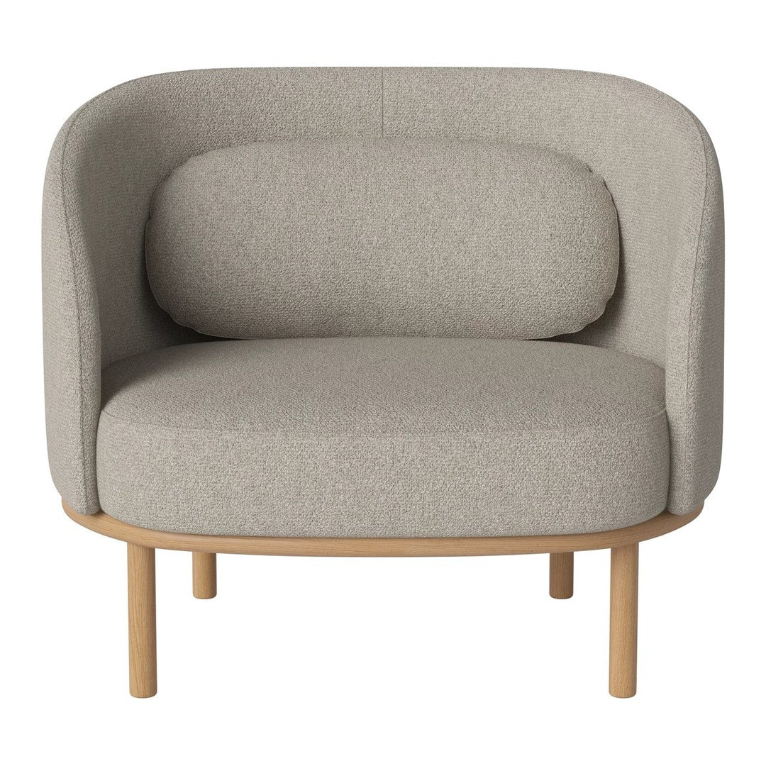 Light gray fabric armchair with rounded design and natural wood legs, featuring a subtle texture pattern.