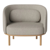 Light gray fabric armchair with rounded design and natural wood legs, featuring a subtle texture pattern.