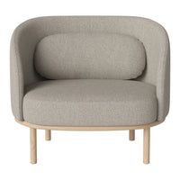 Light gray upholstered chair with smooth, rounded edges and a natural wood base, featuring a minimalist design.