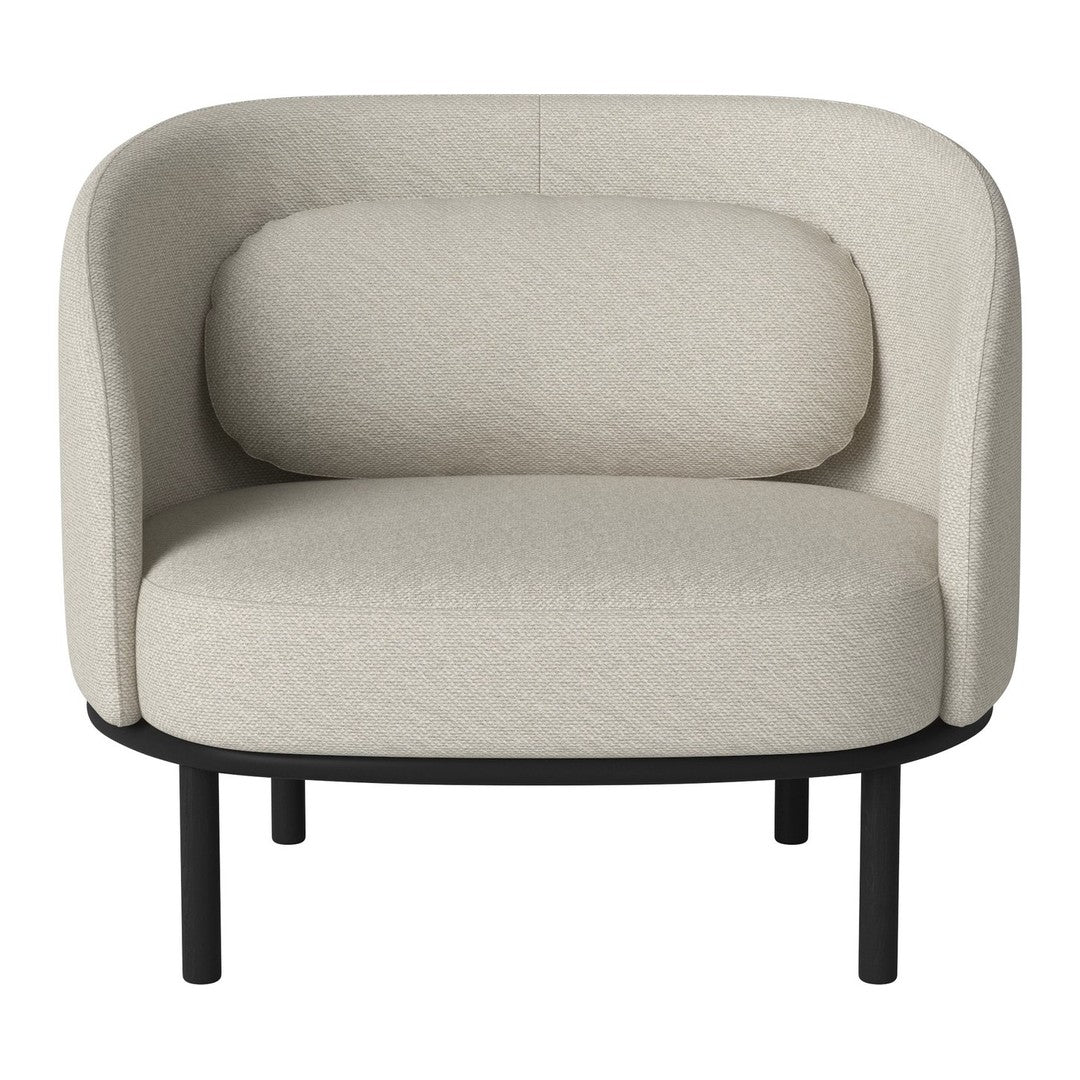 Cream-colored upholstered chair with a round silhouette, featuring a textured fabric and sleek black metal legs.