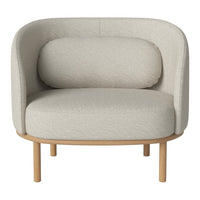 Light gray upholstered chair with a rounded backrest and curved design, featuring a smooth, textured fabric.
