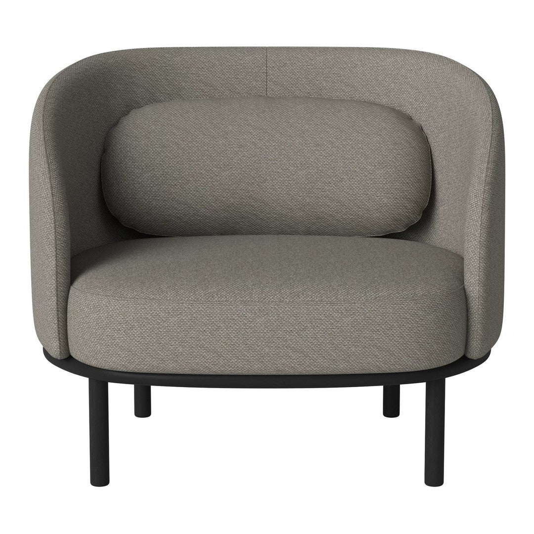 Curved gray upholstered chair with a rounded back, featuring a sleek black metal frame.