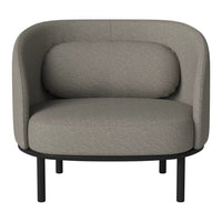 Curved gray upholstered chair with a rounded back, featuring a sleek black metal frame.