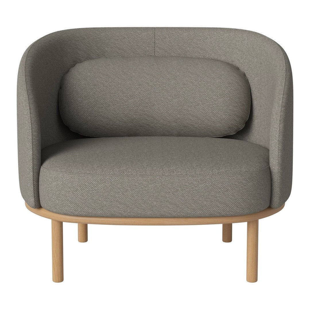 Light gray upholstered chair with a rounded shape and wooden legs, featuring a textured fabric pattern.